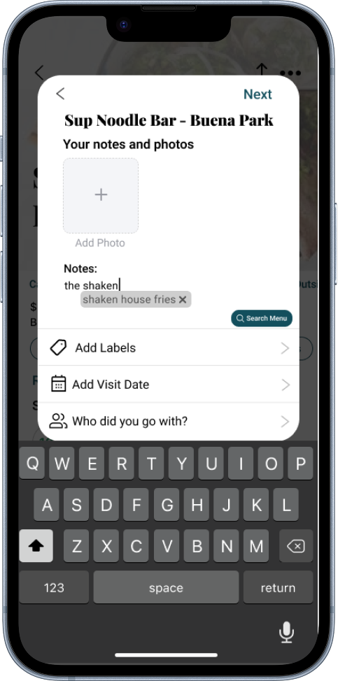 Beli notes field with an inline autofill suggestion and a Search Menu button