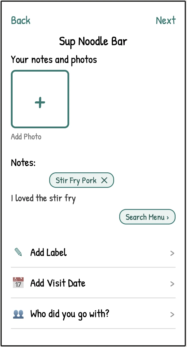 Wireframe of autofill in the notes field