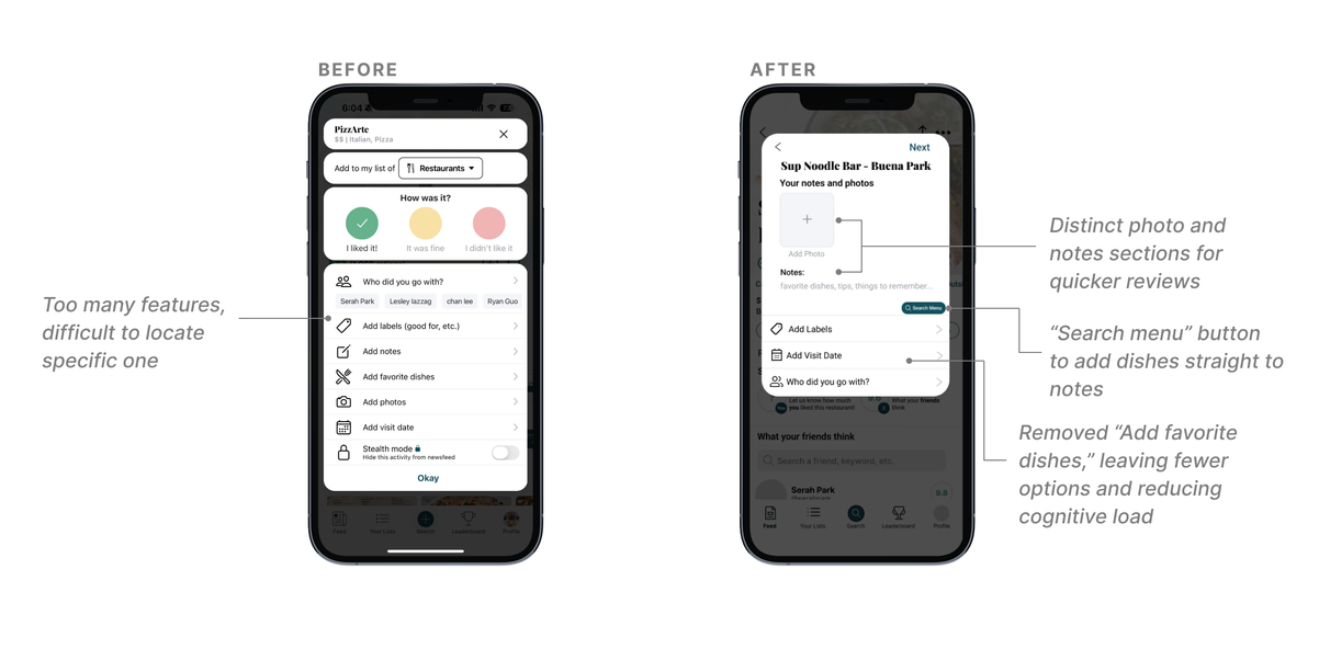 Before and after Beli rating page redesign