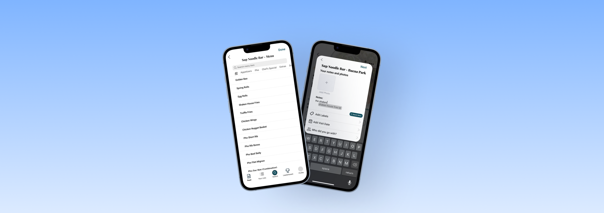 Beli menu search and rating flow mockups