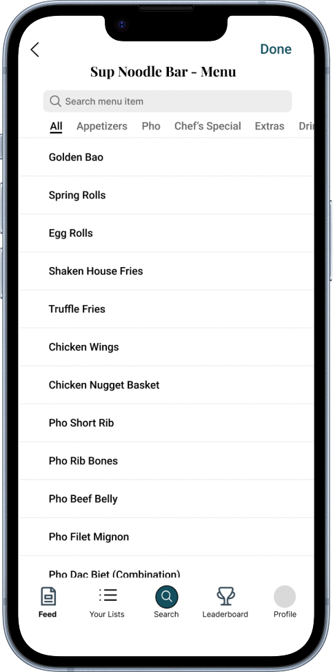 Beli menu search screen listing dishes from Sup Noodle Bar