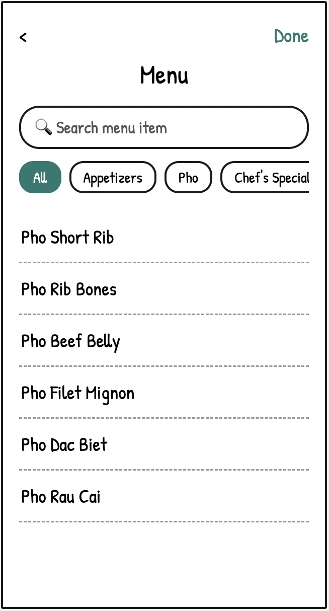 Wireframe of menu search screen