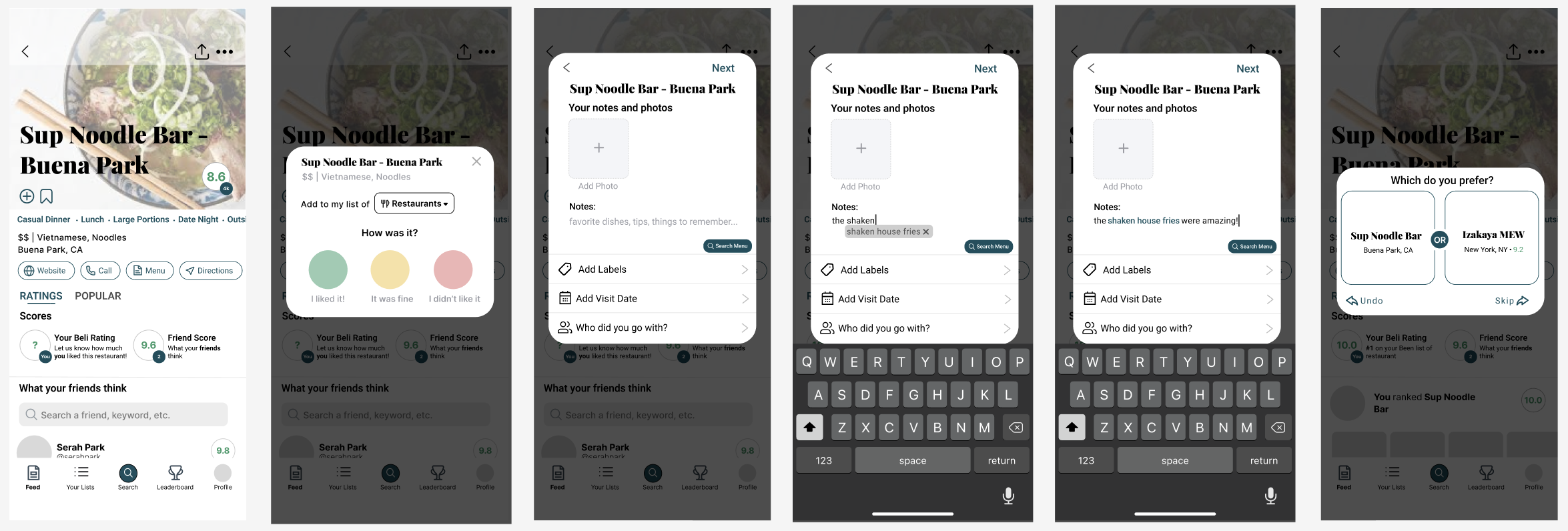 Redesigned Beli rating flow shown step by step: a quick overall reaction, notes and photos with inline autofill, and a head-to-head comparison ranking before the final score