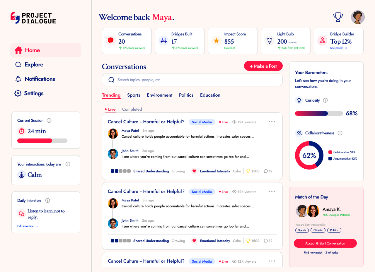 First iteration of the home screen showing live conversations and the option to start your own