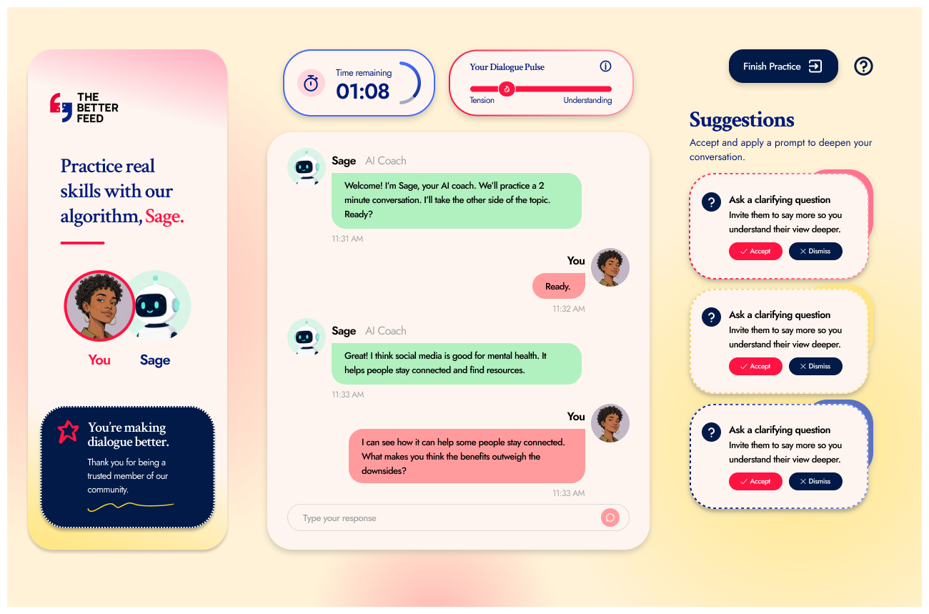 High-fidelity mockup of AI Practice Conversation with Guided Suggestions