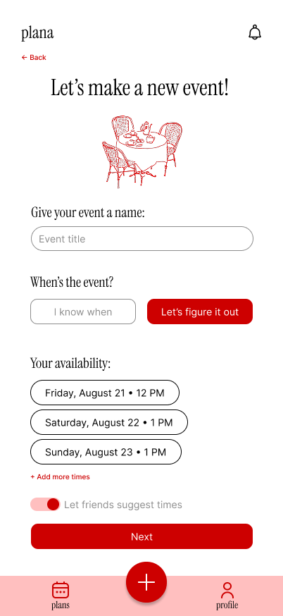 Early mockup of the create event screen