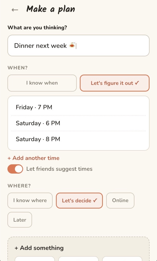 Wireframe of the Make a Plan screen with tentative time options