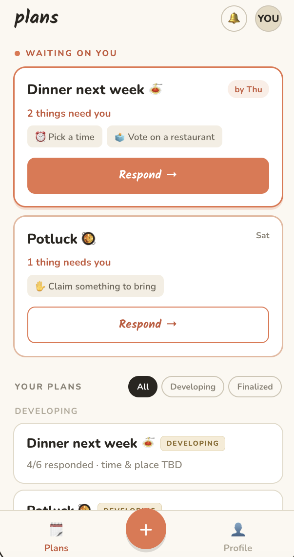 Wireframe of the home screen showing plans that need a response, with Respond buttons