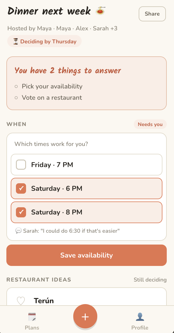 Wireframe of a guest polling on availability with a notification of what's left to answer