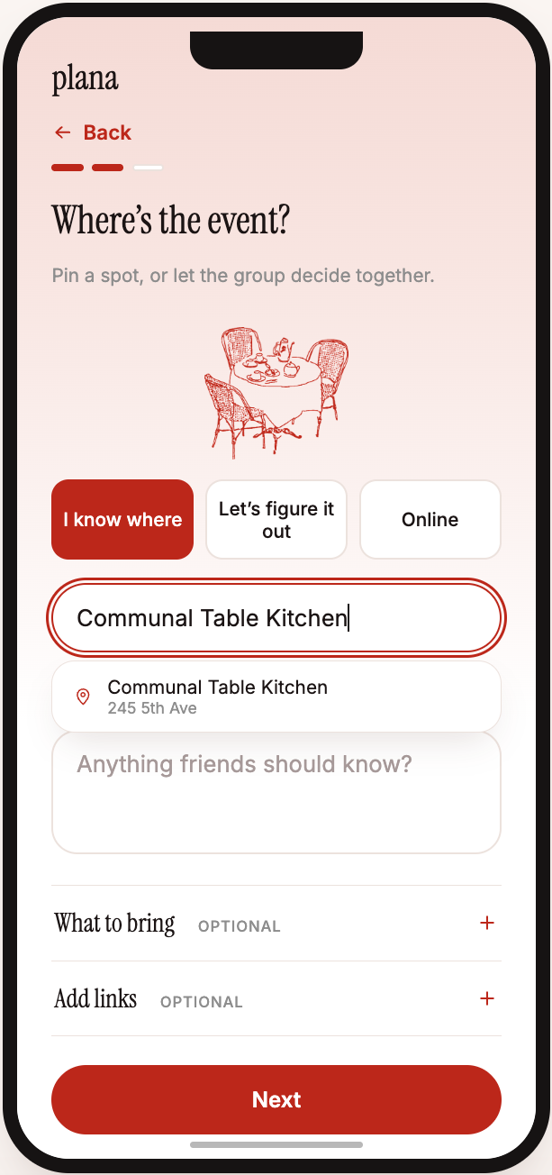 Final Where's the event screen with location search, online option, what to bring, and add links