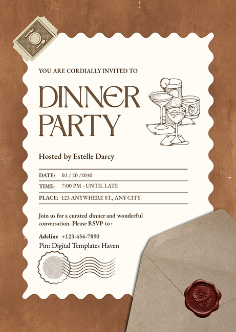 Mood board reference: a vintage dinner party invite with a wax seal