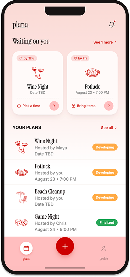 Plana home screen with Waiting on you and Your plans