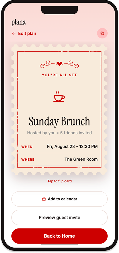 Plana invite card for Sunday Brunch with the message You're all set
