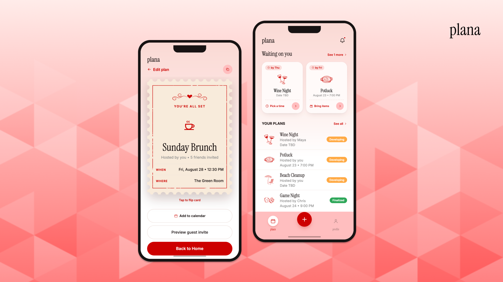 Plana event planning app mockups