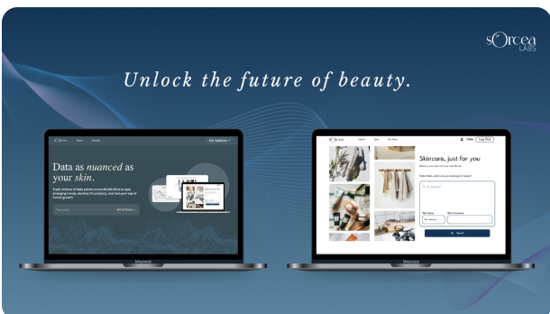 Sorcea Labs website and skincare platform mockups