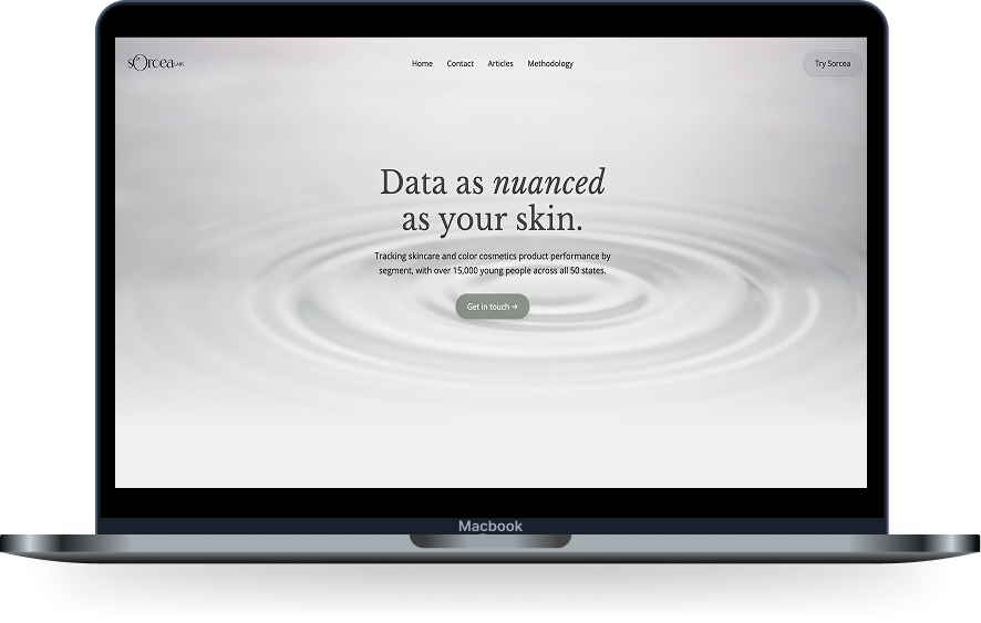 Redesigned Sorcea Labs hero: Data as nuanced as your skin, over a water ripple
