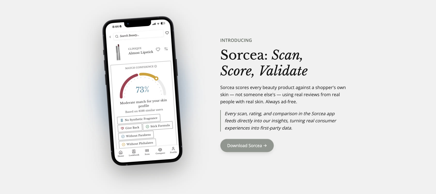 Sorcea app shown on a phone beside its introduction