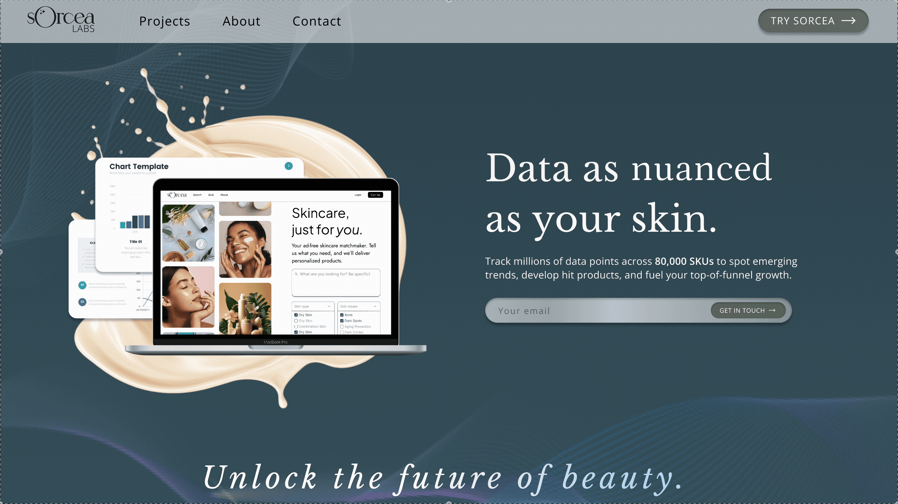 Sorcea Labs landing page iteration 3, hero headline animating through fonts on the word nuanced