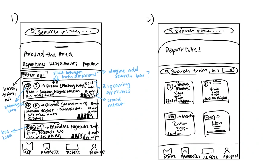 Initial home page sketches Design 1 and Design 2 with annotations